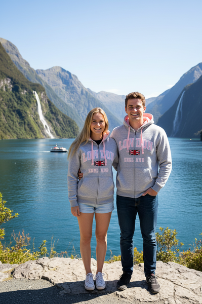 Unisex London England Zipped Hoodie Grey Pink Colour, Sizes XS to 4XL, with Union Jack Metal Pin Badge