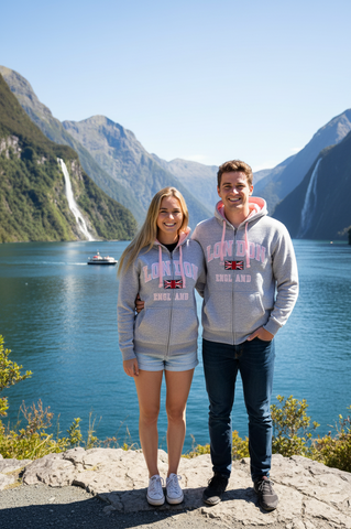 Unisex London England Zipped Hoodie Grey Pink Colour, Sizes XS to 4XL, with Union Jack Metal Pin Badge