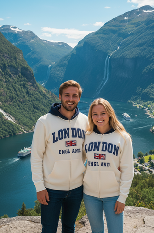 Unisex London England Zipped Hoodie Off White Colour, Sizes XS to 4XL, with Union Jack Metal Pin Badge