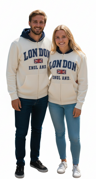 Unisex London England Zipped Hoodie Off White Colour, Sizes XS to 4XL, with Union Jack Metal Pin Badge