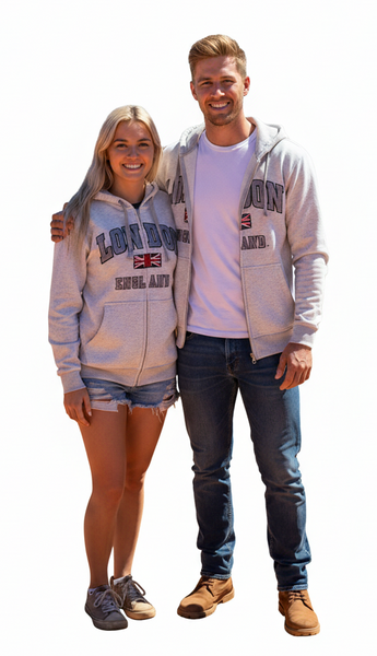 Unisex London England Zipped Hoodie Ash Grey Colour, Sizes XS to 4XL, with Union Jack Metal Pin Badge