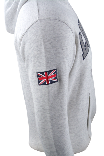 Unisex London England Zipped Hoodie Ash Grey Colour, Sizes XS to 4XL, with Union Jack Metal Pin Badge