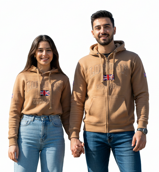 Unisex London England Zipped Hoodie Desert Storm Colour, Sizes XS to 4XL, with Union Jack Metal Pin Badge