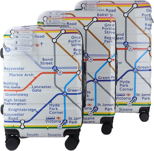 GWCC Licensed London Underground, 3 Piece Suitcase Set 20 inches(Cabin Size), 24,28 inches Tube map Print, ABS + PC Shell, TSA Locks, 360 Wheels Locks, UG Zip Holder, Blue Lining, Zipped Luggage