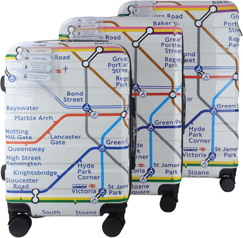 GWCC Licensed London Underground, 3 Piece Suitcase Set 20 inches(Cabin Size), 24,28 inches Tube map Print, ABS + PC Shell, TSA Locks, 360 Wheels Locks, UG Zip Holder, Blue Lining, Zipped Luggage