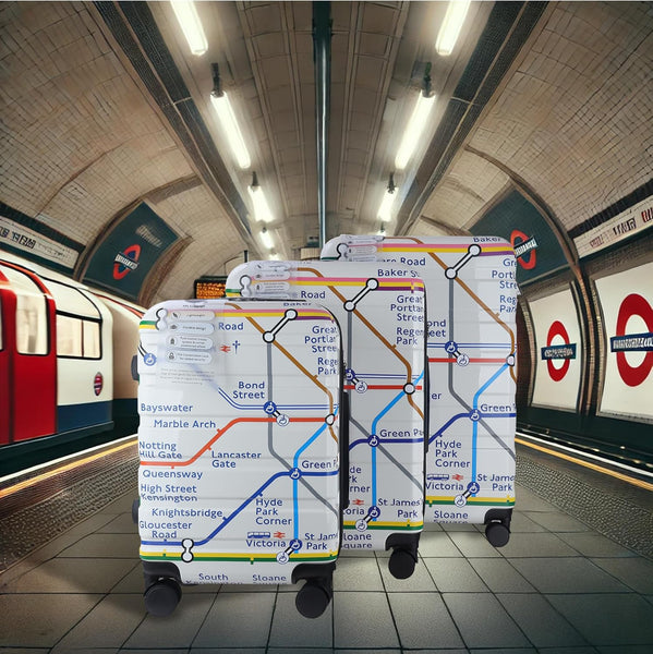 GWCC Licensed London Underground, 3 Piece Suitcase Set 20 inches(Cabin Size), 24,28 inches Tube map Print, ABS + PC Shell, TSA Locks, 360 Wheels Locks, UG Zip Holder, Blue Lining, Zipped Luggage