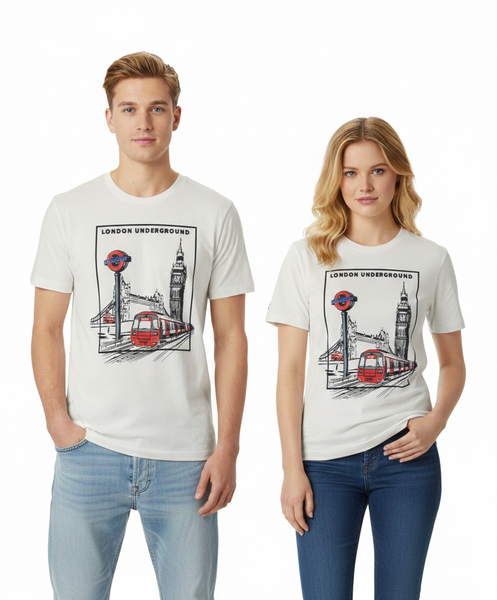 London Underground Sketch Embroidered T-Shirt, Off White, Unisex, Cotton, Long Sleeve, Crew Neck, Licensed Merchandise - British Heritage Brands