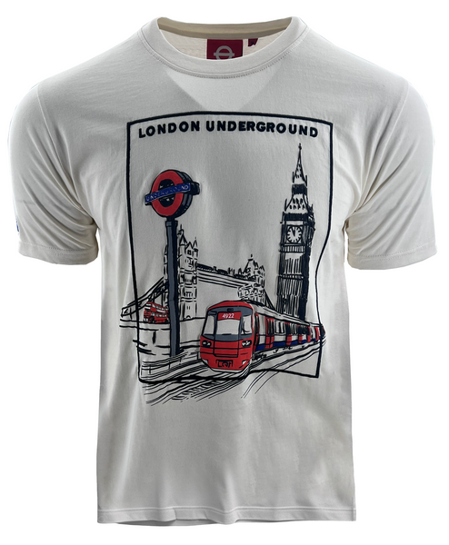 London Underground Sketch Embroidered T-Shirt, Off White, Unisex, Cotton, Long Sleeve, Crew Neck, Licensed Merchandise - British Heritage Brands