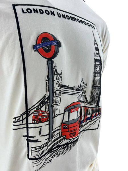 London Underground Sketch Embroidered T-Shirt, Off White, Unisex, Cotton, Long Sleeve, Crew Neck, Licensed Merchandise - British Heritage Brands