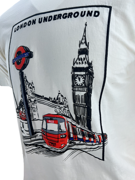 London Underground Sketch Embroidered T-Shirt, Off White, Unisex, Cotton, Long Sleeve, Crew Neck, Licensed Merchandise - British Heritage Brands