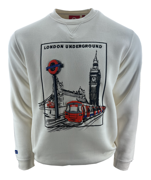 London Underground Unisex Embroidered Sketch Design Sweatshirt, Off White, XS to 4XL, Licensed - British Heritage Brands