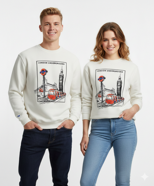 London Underground Unisex Embroidered Sketch Design Sweatshirt, Off White, XS to 4XL, Licensed - British Heritage Brands