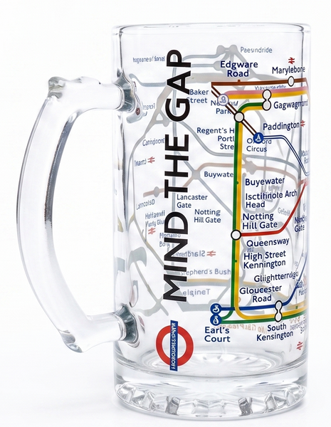 London Underground Tube Map Glass Beer Stein, 500ml, Mind the Gap Design, Licensed - British Heritage Brands