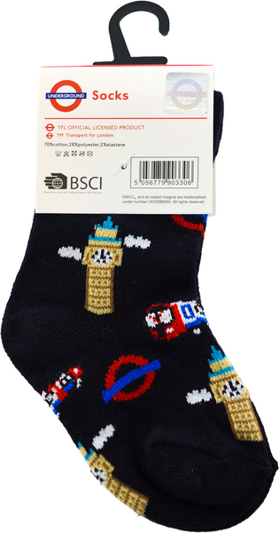 GWCC Licensed London Underground Baby(6-12 Months) and Kids(3-5.5) Socks with train, big ben Black Colour