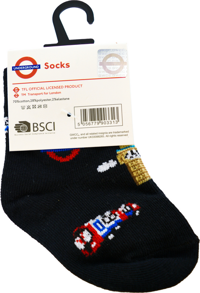 GWCC Licensed London Underground Baby(6-12 Months) and Kids(3-5.5) Socks with train, big ben Black Colour