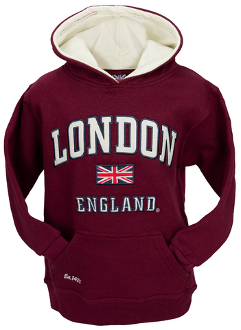 London England Kids Hoodie Hooded Sweatshirt Maroon Colour (LE129K) - British Heritage Brands