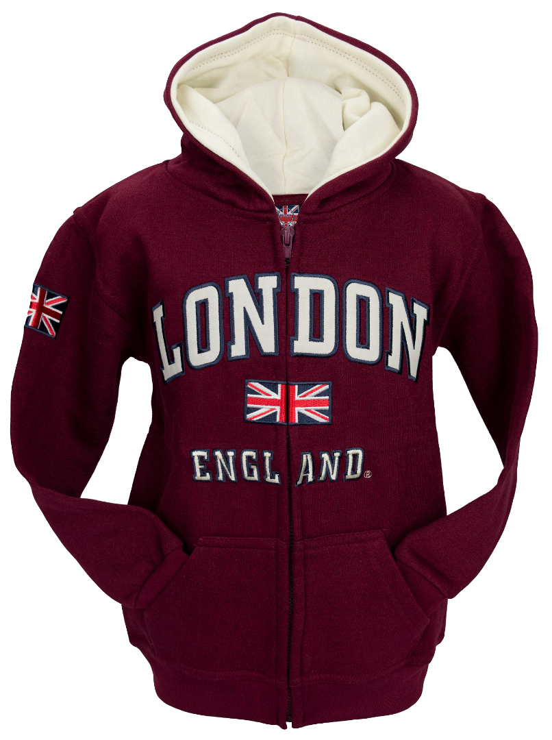 London England Kids Zipped Hoodie Hooded Sweatshirt Maroon Colour (LE129KZ) - British Heritage Brands