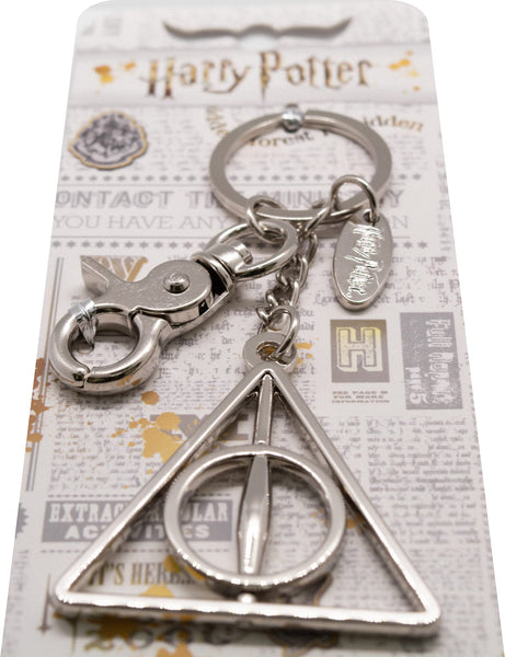 GWCC Official Licensed Harry Potter Deathly Hallows Keychain made of silver chrome finish and encompasses all three symbols of the Deathly Hallows
