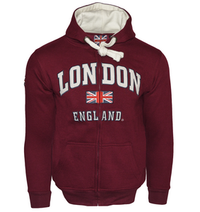 LE129ZMOW Unisex London England Zipped Hooded Sweatshirt Maroon - British Heritage Brands