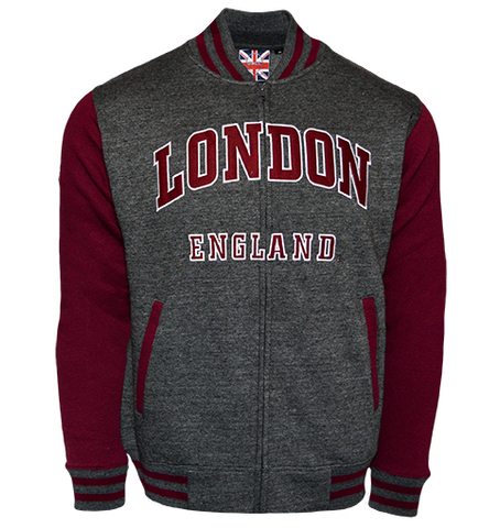 LE170CM London England Unisex Baseball Jacket Charcoal Maroon - British Heritage Brands