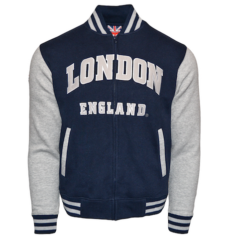 LE170NG London England Unisex Baseball Jacket Navy Grey - British Heritage Brands